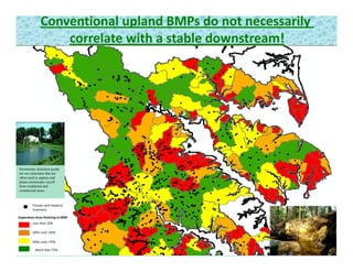 Conventional upland BMPs do not necessarily 
correlate with a stable downstream!
Stormwater detention ponds
are wet structures that are
often used to capture and
detain stormwater runoff
from residential and
Erosion and Headcut 
Inventory
o es de t a a d
commercial areas.
Impervious Area Draining to BMP
Less than 20%
20%< and >50%
More than 75%
50%< and >75%
 