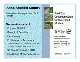 Anne Arundel County
Watershed Management ToolWatershed Management Tool
(WMT)(WMT)
Stream AssessmentStream Assessment
-- Physical HabitatPhysical Habitat
-- Biological ConditionsBiological Conditions
-- MorphologyMorphology
-- Problem Area InventoryProblem Area Inventory
Erosion,Erosion, HeadcutHeadcut, Dumpsites, Deficient, Dumpsites, Deficient
Buffers, Infrastructure Impacts.Buffers, Infrastructure Impacts.
-- Stream Crossings (H&H)Stream Crossings (H&H)Stream Crossings (H&H)Stream Crossings (H&H)
-- Landscape (Imperviousness)Landscape (Imperviousness)
 