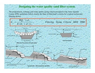 The pretreatment, recharge, and water quality sizing criteria presented in the Anne Arundel
C SPSC id li f ll l l h S f M l d’ i i f i l
Designing the water quality sand filter system
County SPSC guidelines follow closely the State of Maryland’s criteria for a typical stormwater
filtering device.
2000, MDECriteriaSizingFiltering
dxWQ
A
fv
f = 2000,
)(
MDECriteriaSizingFiltering
tdhK
A
fff
f
+
2 x d
W (8 ft min.)
D
hf (18 inch min.)
df (riffle)
Sand/Woodchip Mix
2 x d50
Df  (18 in min.)
Wsand (2 ft min.)
Sand/Woodchip Mix
Pool Cross Section
df (pool)
18 inches min.
Riffle Weir Cross Section through Cobble
sand ( )
Silica Cobbles
L pool
(10 ft min.)(10 ft max.)
Boulders
hf Typical
L Riffle
In‐stream Boulders
Sand/Wood Chip Mix
1 ft (typ.)
hf Typical
(18 in. min.)
In‐stream 100 – Year floodplain may 
inundate last SPSC structure
Typical Profile – Alternating Pools and Riffles
df (riffle)
Existing Ground
Filter Fabric
df (pool)
min 18 inches
Sand Mix “Sandbags from E&S 
phase maybe left in place”
Footer boulder shall extend 6 inches below the lowest 
point in the excavated pool
 