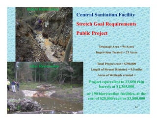 Central Sanitation FacilityCentral Sanitation Facility
S h G l R iS h G l R i
Before RestorationBefore Restoration
Stretch Goal RequirementsStretch Goal Requirements
Public ProjectPublic Project
Drainage Area = 94 AcresDrainage Area = 94 Acres
Impervious Treated = 23 AcresImpervious Treated = 23 AcresImpervious Treated 23 AcresImpervious Treated 23 Acres
Total Project cost = $700,000Total Project cost = $700,000
After RestorationAfter Restoration
Length of Stream Restored = 0.5 milesLength of Stream Restored = 0.5 miles
Acres of Wetlands created =Acres of Wetlands created =
Project equivalent to 13,650 rainProject equivalent to 13,650 rainj q ,j q ,
barrels at $1,365,000barrels at $1,365,000
or 190 bioretention facilities, at theor 190 bioretention facilities, at the
cost of $20 000/each or $3 800 000cost of $20 000/each or $3 800 000
62
cost of $20,000/each or $3,800,000cost of $20,000/each or $3,800,000
 