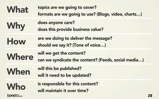 topics are we going to cover?
What    formats are we going to use? (Blogs, video, charts…)
        does anyone care?
Why     does this provide business value?

        are we doing to deliver the message?
How     should we say it? (Tone of voice…)
        will we get the content?
Where   can we syndicate the content? (Feeds, social media…)
        will this be published?
When    will it need to be updated?
        is responsible for this content?
Who     will maintain it over time?
                                                               28
 
