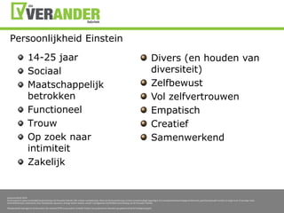 Persoonlijkheid Einstein14-25 jaarSociaalMaatschappelijkbetrokkenFunctioneelTrouwOp zoeknaarintimiteitZakelijkDivers (en houden van diversiteit)ZelfbewustVolzelfvertrouwenEmpatischCreatiefSamenwerkend