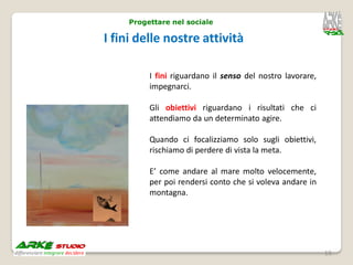 Progettare nel sociale

I fini delle nostre attività

          I fini riguardano il senso del nostro lavorare,
          impegnarci.

          Gli obiettivi riguardano i risultati che ci
          attendiamo da un determinato agire.

          Quando ci focalizziamo solo sugli obiettivi,
          rischiamo di perdere di vista la meta.

          E’ come andare al mare molto velocemente,
          per poi rendersi conto che si voleva andare in
          montagna.




                                                            16
 
