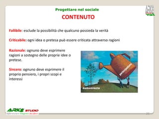 Progettare nel sociale

                                  CONTENUTO

Fallibile: esclude la possibilità che qualcuno possieda la verità

Criticabile: ogni idea o pretesa può essere criticata attraverso ragioni

Razionale: ognuno deve esprimere
ragioni a sostegno delle proprie idee o
pretese.

Sincero: ognuno deve esprimere il
proprio pensiero, i propri scopi e
interessi




                                                                           25
 
