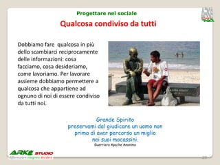 Progettare nel sociale

                 Qualcosa condiviso da tutti

Dobbiamo fare qualcosa in più
dello scambiarci reciprocamente
delle informazioni: cosa
facciamo, cosa desideriamo,
come lavoriamo. Per lavorare
assieme dobbiamo permettere a
qualcosa che appartiene ad
ognuno di noi di essere condiviso
da tutti noi.

                               Grande Spirito
                    preservami dal giudicare un uomo non
                      prima di aver percorso un miglio
                             nei suoi mocassini.
                              Guerriero Apache Anonimo


                                                           29
 