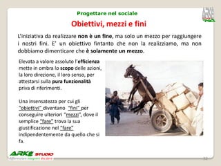 Progettare nel sociale

                        Obiettivi, mezzi e fini
L’iniziativa da realizzare non è un fine, ma solo un mezzo per raggiungere
i nostri fini. E’ un obiettivo fintanto che non la realizziamo, ma non
dobbiamo dimenticare che è solamente un mezzo.
Elevata a valore assoluto l’efficienza
mette in ombra lo scopo delle azioni,
la loro direzione, il loro senso, per
attestarsi sulla pura funzionalità
priva di riferimenti.

Una insensatezza per cui gli
“obiettivi” diventano “fini” per
conseguire ulteriori “mezzi”, dove il
semplice “fare” trova la sua
giustificazione nel “fare”
indipendentemente da quello che si
fa.


                                                                             32
 
