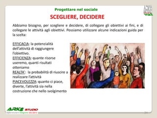 Progettare nel sociale

                         SCEGLIERE, DECIDERE
Abbiamo bisogno, per scegliere e decidere, di collegare gli obiettivi ai fini, e di
collegare le attività agli obiettivi. Possiamo utilizzare alcune indicazioni guida per
la scelta:

EFFICACIA: la potenzialità
dell’attività di raggiungere
l’obiettivo.
EFFICIENZA: quante risorse
useremo, quanti risultati
otteniamo
REALTA’: la probabilità di riuscire a
realizzare l’attività
PIACEVOLEZZA: quanto ci piace,
diverte, l’attività sia nella
costruzione che nello svolgimento




                                                                                         34
 