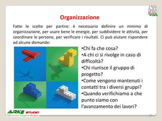 Organizzazione
Fatte le scelte per partire: è necessario definire un minimo di
organizzazione, per usare bene le energie, per suddividere le attività, per
coordinare le persone, per verificare i risultati. Ci può aiutare rispondere
ad alcune domande:
                                      •Chi fa che cosa?
                                      •A chi ci si rivolge in caso di
                                      difficoltà?
                                      •Chi riunisce il gruppo di
                                      progetto?
                                      •Come vengono mantenuti i
                                      contatti tra i diversi gruppi?
                                      •Quando verifichiamo a che
                                      punto siamo con
                                      l’avanzamento dei lavori?
                                                                               37
 