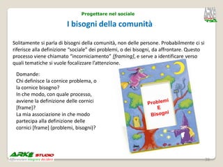 Progettare nel sociale

                        I bisogni della comunità

Solitamente si parla di bisogni della comunità, non delle persone. Probabilmente ci si
riferisce alla definizione “sociale” dei problemi, o dei bisogni, da affrontare. Questo
processo viene chiamato “incorniciamento” [framing], e serve a identificare verso
quali tematiche si vuole focalizzare l’attenzione.

 Domande:
 Chi definisce la cornice problema, o
 la cornice bisogno?
 In che modo, con quale processo,
 avviene la definizione delle cornici
 [frame]?
 La mia associazione in che modo
 partecipa alla definizione delle
 cornici [frame] (problemi, bisogni)?




                                                                                          38
 