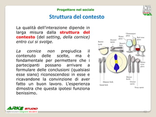 Progettare nel sociale

                 Struttura del contesto
La qualità dell’interazione dipende in
larga misura dalla struttura del
contesto (del setting, della cornice)
entro cui si svolge.

La    cornice    non   pregiudica   il
contenuto     delle  scelte,  ma    è
fondamentale per permettere che i
partecipanti possano arrivare a
formulare delle conclusioni (qualsiasi
esse siano) riconoscendosi in esse e
ricavandone la convinzione di aver
fatto un buon lavoro. L’esperienza
dimostra che questa ipotesi funziona
benissimo.



                                              42
 