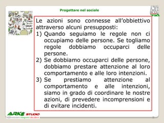 Progettare nel sociale


Le azioni sono connesse all’obbiettivo
attraverso alcuni presupposti:
1) Quando seguiamo le regole non ci
   occupiamo delle persone. Se togliamo
   regole dobbiamo occuparci delle
   persone.
2) Se dobbiamo occuparci delle persone,
   dobbiamo prestare attenzione al loro
   comportamento e alle loro intenzioni.
3) Se      prestiamo     attenzione    al
   comportamento e alle intenzioni,
   siamo in grado di coordinare le nostre
   azioni, di prevedere incomprensioni e
   di evitare incidenti.
                                            8
 