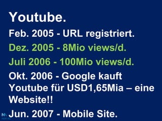 Youtube.Feb. 2005 - URL registriert.Dez. 2005 - 8Mio views/d.Juli 2006 - 100Mio views/d.Okt. 2006 - Google kauft Youtube für USD1,65Mia – eine Website!!Jun. 2007 - Mobile Site.