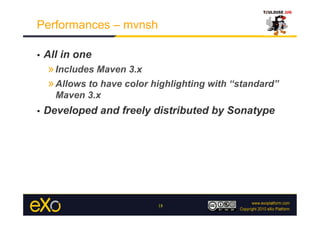 Performances – mvnsh

•    All in one
     » Includes Maven 3.x
     » Allows to have color highlighting with “standard”
       Maven 3.x
•    Developed and freely distributed by Sonatype




                             18
 