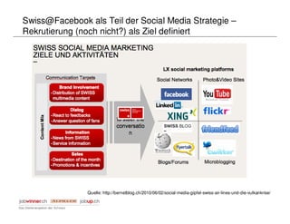 Swiss@Facebook als Teil der Social Media Strategie –
Rekrutierung (noch nicht?) als Ziel definiert




               Quelle: http://bernetblog.ch/2010/06/02/social-media-gipfel-swiss-air-lines-und-die-vulkankrise/
 