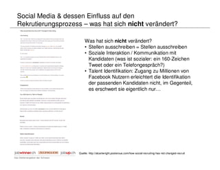 Social Media & dessen Einfluss auf den
Rekrutierungsprozess – was hat sich nicht verändert?

                        Was hat sich nicht verändert?
                        • Stellen ausschreiben = Stellen ausschreiben
                        • Soziale Interaktion / Kommunikation mit
                          Kandidaten (was ist sozialer: ein 160-Zeichen
                          Tweet oder ein Telefongespräch?)
                        • Talent Identifikation: Zugang zu Millionen von
                          Facebook Nutzern erleichtert die Identifikation
                          der passenden Kandidaten nicht, im Gegenteil,
                          es erschwert sie eigentlich nur…




                    Quelle: http://alcartwright.posterous.com/how-social-recruiting-has-not-changed-recruit
 
