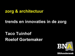 zorg & architectuur

trends en innovaties in de zorg

Taco Tuinhof
Roelof Gortemaker
 