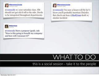 WHAT TO DO
                            this is a social session - take it to the people

Wednesday, March 23, 2011
 