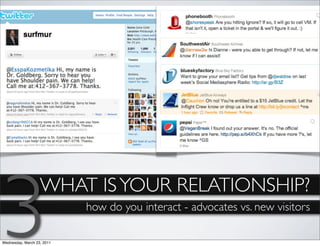 3                  WHAT IS YOUR RELATIONSHIP?
                            how do you interact - advocates vs. new visitors

Wednesday, March 23, 2011
 