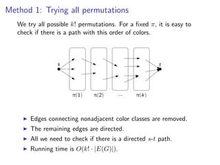 Method 1: Trying all permutations
Method 1: Trying all permutations
   We try all possible k! permutations. For a ﬁxed π, it is easy to
   We try all possible k! permutations. For a ﬁxed π, it is easy to check if there is a
   check if there is a path with this order of colors.
   path with this order of colors.




                      s                                              t




                             π(1)      π(2)       ...      π(k)

       Edges connecting nonadjacent color classes are removed.

       The remaining edges are directed.
         Edges connecting nonadjacent            color classes are removed.
       AllThe remaining edges are directed s -t path.
          we need to check if there is a directed.

       Running time is O(k!check )|). there
         All we need to · |E (G if             is a directed s-t path.
                                                                         Fixed Parameter Algorithms – p.72/98
         Running time is O(k! · |E(G)|).
 