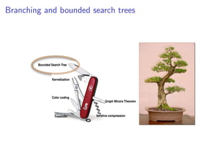 Branching and bounded search trees
                                      FPT algorithmic techniques


      Signiﬁcant advances in the past 20 years or so (especially in recent years).

      Powerful toolbox for designing FPT algorithms:



            Bounded Search Tree



                      Kernelization




                      Color coding
                                                             Graph Minors Theorem



                       Treewidth                       Iterative compression


                                                                      Fixed Parameter Algorithms – p.8/98
 
