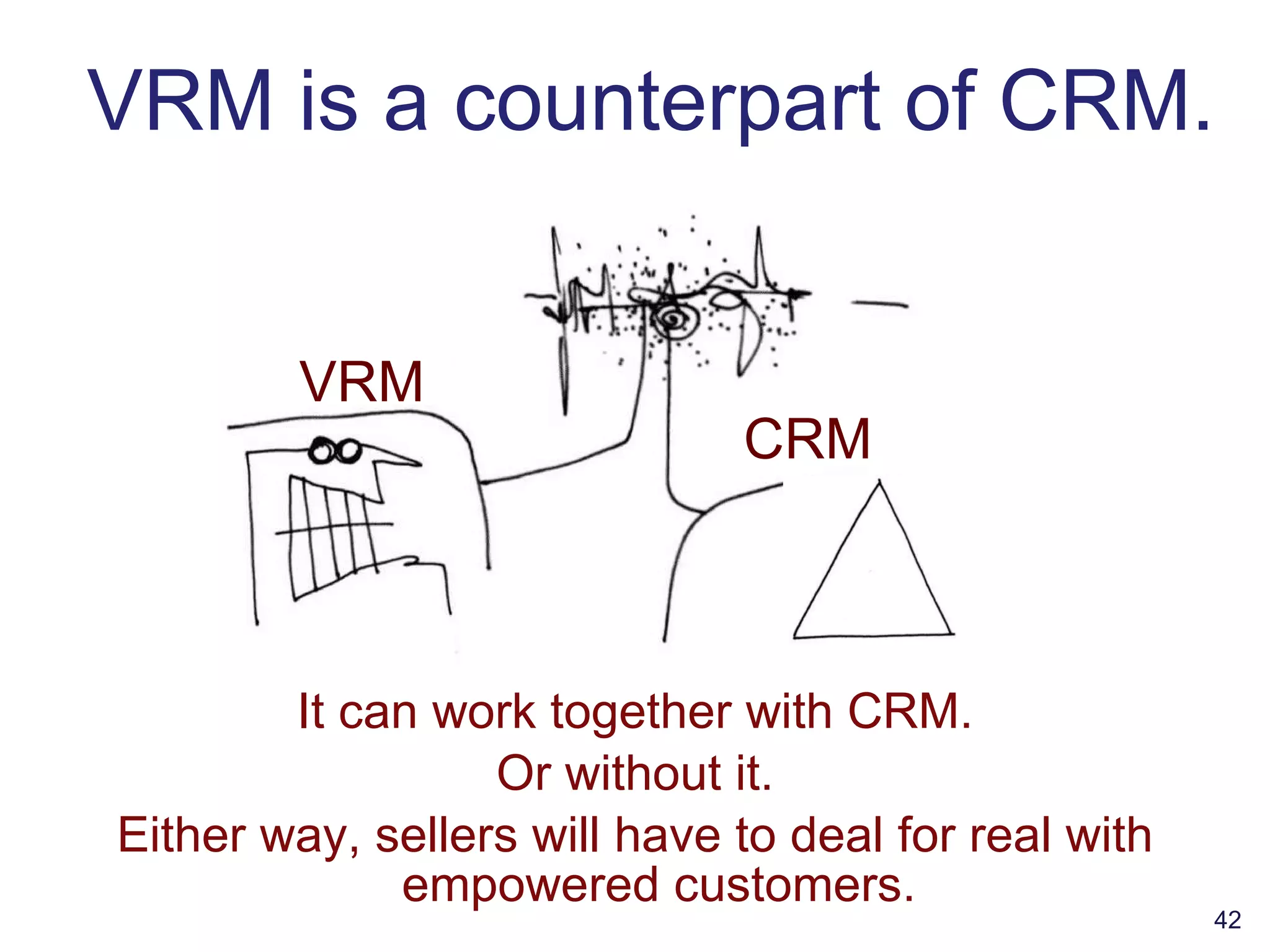 VRM is a counterpart of CRM. It can work together with CRM. Or without it. Either way, sellers will have to deal for real with empowered customers. VRM CRM 