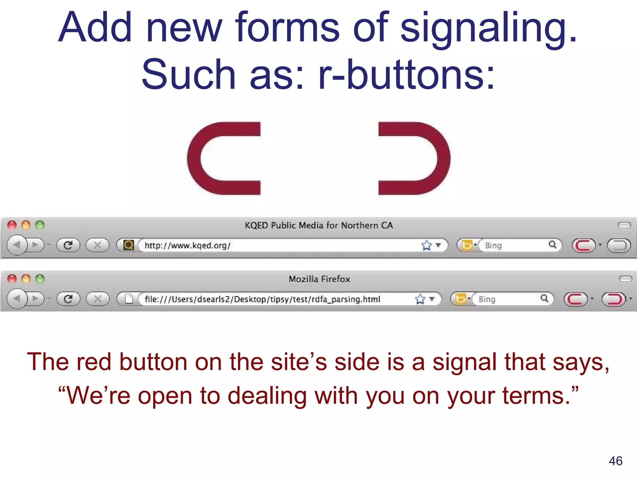 Add new forms of signaling. Such as: r-buttons: The red button on the site’s side is a signal that says, “ We’re open to dealing with you on your terms.” 