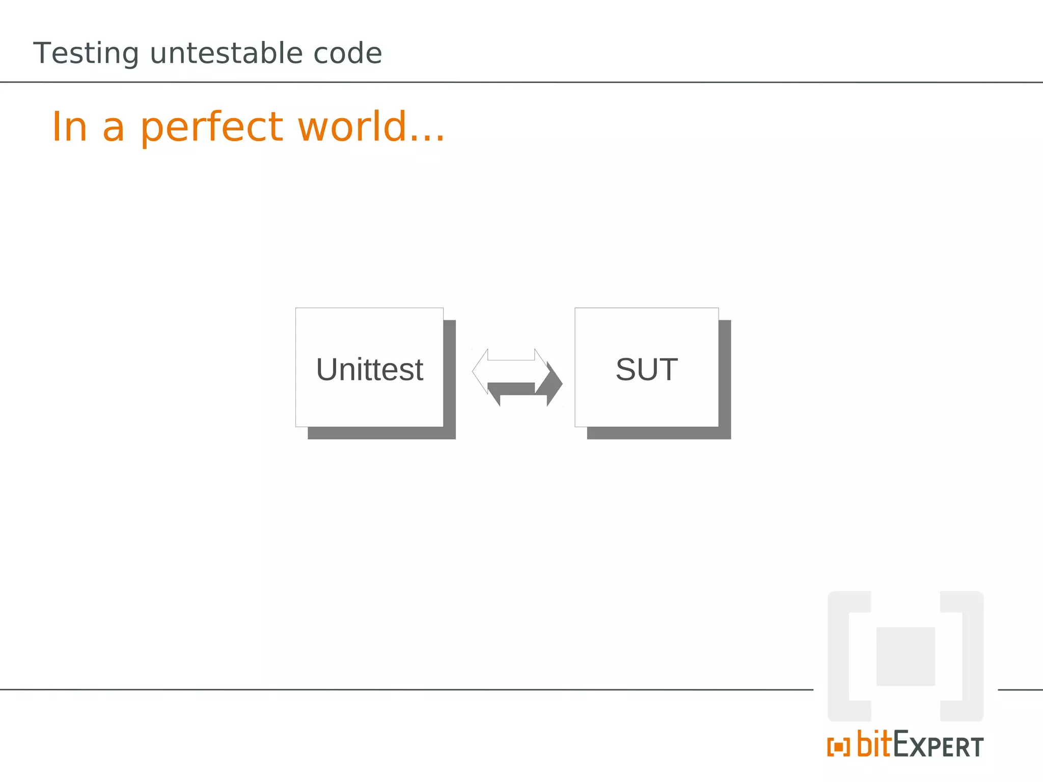 Testing untestable code

 In a perfect world...




                  Unittest
                   Unittest   SUT
                               SUT
 