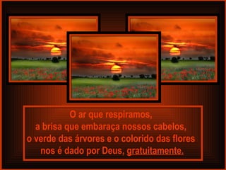 O ar que respiramos,  a brisa que embaraça nossos cabelos,  o verde das árvores e o colorido das flores  nos é dado por Deus,  gratuitamente. 
