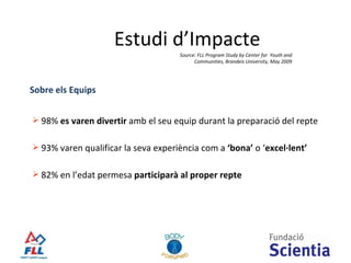 98%  es varen divertir  amb el seu equip durant la preparació del repte 93% varen qualificar la seva experiència com a  ‘bona’  o ‘ excel·lent’ 82% en l’edat permesa  participarà al proper repte Sobre els Equips Source: FLL Program Study by Center for  Youth and Communities, Brandeis University, May 2009 Estudi d’Impacte 