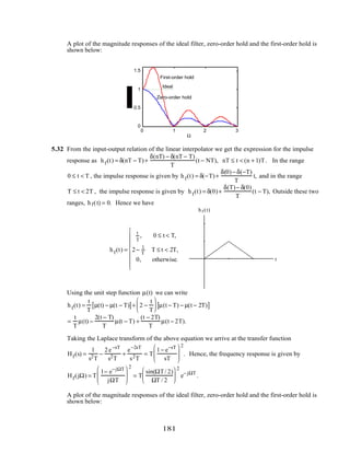 A plot of the magnitude responses of the ideal filter, zero-order hold and the first-order hold is
shown below:
0 1 2 3
0
0.5
1
1.5
Ideal
First-order hold
Zero-order hold
Ω
5.32 From the input-output relation of the linear interpolator we get the expression for the impulse
response as hf(t) = δ(nT − T)+
δ(nT) − δ(nT − T)
T
(t − NT), nT ≤ t < (n + 1)T. In the range
0 ≤ t < T , the impulse response is given by hf(t) = δ(−T)+
δ(0)− δ(−T)
T
t, and in the range
T ≤ t < 2T , the impulse response is given by hf(t) = δ(0)+
δ(T)− δ(0)
T
(t − T), Outside these two
ranges, hf(t) = 0. Hence we have
hf(t) =
t
T
, 0 ≤ t < T,
2−
t
T
T ≤ t < 2T,
0, otherwise.








t
hf (t)
1
2
0 T 2T
Using the unit step function µ(t) we can write
hf(t) =
t
T
µ(t) − µ(t − T)[ ]+ 2 −
t
T





 µ(t − T) − µ(t − 2T)[ ]
=
t
T
µ(t) −
2(t − T)
T
µ(t − T) +
(t − 2T)
T
µ(t − 2T).
Taking the Laplace transform of the above equation we arrive at the transfer function
Hf(s) =
1
s2T
−
2e−sT
s2T
+
e−2sT
s2T
= T
1− e−sT
sT






2
. Hence, the frequency response is given by
Hf(jΩ) = T
1− e−jΩT
jΩT






2
= T
sin(ΩT/ 2)
ΩT / 2






2
e−jΩT
.
A plot of the magnitude responses of the ideal filter, zero-order hold and the first-order hold is
shown below:
181
 