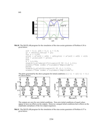 (c)
0 0.2 0.4 0.6 0.8 1
0
0.2
0.4
0.6
0.8
1
ω/π
|G(e
jω
)|
2
|H(e
jω
)|
2
|G(e
jω
)|
2
+ |H(e
jω
)|
2
M6.10 The MATLAB program for the simulation of the sine-cosine generator of Problem 6.56 is
given below:
s10 = 0.1; s20 = 0.1; a = 0.9;
y1 = zeros(1,50);y2 = y1;
for n = 1:50;
y1(n) = a*(s10 + s20) - s20;y2(n) = a*(s10 + s20) + s10;
s10 = y1(n);s20 = y2(n);
end
k = 1:1:50;
stem(k-1,y1/abs(y1(7)));axis([0 50 -1.1 1.1]);
xlabel('Time index n');ylabel('Amplitude');
pause
stem(k-1,y2/y2(3));axis([0 50 -1.1 1.1]);
xlabel('Time index n');ylabel('Amplitude');
The plots generated by the above program for initial conditions s1[–1] = s2[–1] = 0.1
are shown below:
The outputs are zero for zero initial conditions. Non-zero initial conditions of equal values
appear to have no effects on the outputs. However, unequal initial conditions have effects on the
amplitudes and phases of the two output sequences.
M6.11 The MATLAB program for the simulation of the sine-cosine generator of Problem 6.57 is
given below:
234
 