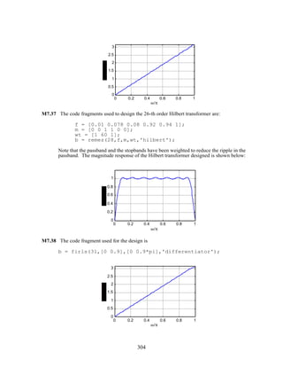 0 0.2 0.4 0.6 0.8 1
0
0.5
1
1.5
2
2.5
3
ω/π
M7.37 The code fragments used to design the 26-th order Hilbert transformer are:
f = [0.01 0.078 0.08 0.92 0.94 1];
m = [0 0 1 1 0 0];
wt = [1 60 1];
b = remez(28,f,m,wt,'hilbert');
Note that the passband and the stopbands have been weighted to reduce the ripple in the
passband. The magnitude response of the Hilbert transformer designed is shown below:
0 0.2 0.4 0.6 0.8 1
0
0.2
0.4
0.6
0.8
1
ω/π
M7.38 The code fragment used for the design is
b = firls(31,[0 0.9],[0 0.9*pi],'differentiator');
0 0.2 0.4 0.6 0.8 1
0
0.5
1
1.5
2
2.5
3
ω/π
304
 