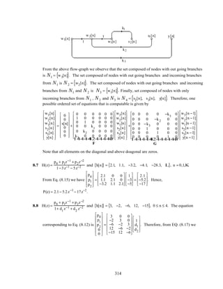 w3[n]
w 2[n]
w1[n] s2[n]
s3[n] y[n]
k1
k2
k3
1
1
From the above flow-graph we observe that the set composed of nodes with out going branches
is N1 = w3[n]{ }. The set composed of nodes with out going branches and incoming branches
from N1 is N 2 = w2[n]{ }. The set composed of nodes with out going branches and incoming
branches from N1 and N 2 is N3 = w1[n]{ }. Finally, set composed of nodes with only
incoming branches from N1 , N 2 and N3 is N 4 = s2[n], s3[n], y[n]{ }. Therefore, one
possible ordered set of equations that is computable is given by
w3[n]
w2
[n]
w1[n]
s2[n]
s3[n]
y[n]


















=
0
0
x[n]
0
0
0
















+
0 0 0 0 0 0
1 0 0 0 0 0
0 1 0 0 0 0
0 0 k1
0 0 0
0 k2 0 0 0 0
k3 0 0 0 0 0
















F
1 244444 344444
w3[n]
w2
[n]
w1[n]
s2[n]
s3[n]
y[n]


















+
0 0 0 0 −k3
0
0 0 0 −k2 0 0
0 0 −k3 0 0 0
0 0 1 0 0 0
0 0 0 1 0 0
0 0 0 0 1 0
















G
1 2444444 3444444
w3[n −1]
w2
[n −1]
w1[n −1]
s2[n −1]
s3[n −1]
y[n −1]


















Note that all elements on the diagonal and above doagonal are zeros.
8.7 H(z) =
p0 + p1z−1 + p2z−2
1−3z−1 − 5z−2 and h[n]{ } = 2.1, 1.1, −3.2, −4.1, −28.3, L{ }, n = 0,1,K
From Eq. (8.15) we have
p0
p1
p2










=
2.1 0 0
1.1 2.1 0
−3.2 1.1 2.1








1
−3
−5








=
2.1
−5.2
−17








. Hence,
P(z) = 2.1− 5.2z−1
− 17z−2
.
8.8 H(z) =
p0 + p1z−1 + p2z−2
1+ d1
z−1 + d2
z−2 and h[n]{ } = 3, −2, −6, 12, −15{ }, 0 ≤ n ≤ 4. The equation
corresponding to Eq. (8.12) is
p0
p1
p2
0
0














=
3 0 0
−2 3 0
−6 −2 3
12 −6 −2
−15 12 −6












1
d1
d2










. Therefore, from EQ. (8.17) we
314
 