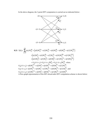 In the above diagram, the 3-point DFT computation is carried out as indicated below:
W3
0
W3
0
W3
1
W3
2
W3
2
W3
1
Gl [2]
Gl
[1]
Gl [0]x[l]
x[l+ 3]
x[l+ 6]
8.21 X[k]= x[n]W15
nk
n=0
14
∑ = x[0]W15
0⋅k
+ x[3]W15
3k
+ x[6]W15
6k
+ x[9]W15
9k
+ x[12]W15
12k
( )
+ x[1]W15
k
+ x[4]W15
4k
+ x[7]W15
7k
+ x[10]W15
10k
+ x[13]W15
13k
( )
+ x[2]W15
2k
+ x[5]W15
5k
+ x[8]W15
8k
+ x[11]W15
11k
+ x[14]W15
14k
( )
= G0[< k >5]+ G1[< k >5 ]W15
k
+ G2[< k >5 ]W15
2k
, where
G0[< k >5] = x[0]W5
0⋅k
+ x[3]W5
k
+ x[6]W5
2k
+ x[9]W5
3k
+ x[12]W5
4k
,
G1[< k >5 ]= x[1]W5
0⋅k
+ x[4]W5
k
+ x[7]W5
2k
+ x[10]W5
3k
+ x[13]W5
4k
, and
G2[< k >5] = x[2]W5
0⋅k
+ x[5]W5
k
+ x[8]W5
2k
+ x[11]W5
3k
+ x[14]W5
4k
.
A flow-graph representation of this DIT mixed-radix DFT computation scheme is shown below:
320
 