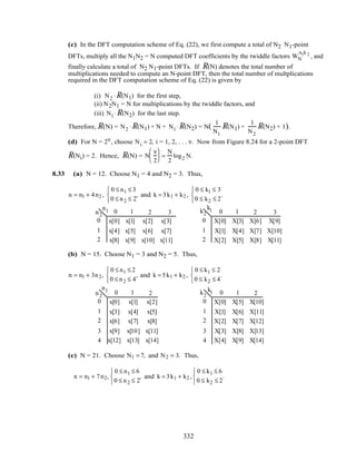 (c) In the DFT computation scheme of Eq. (22), we first compute a total of N2 N1-point
DFTs, multiply all the N1N2 = N computed DFT coefficients by the twiddle factors WN
n1k 2
, and
finally calculate a total of N2 N1-point DFTs. If R(N) denotes the total number of
multiplications needed to compute an N-point DFT, then the total number of multplications
required in the DFT computation scheme of Eq. (22) is given by
(i) N2 ⋅R(N1) for the first step,
(ii) N2N1 = N for multiplications by the twiddle factors, and
(iii) N1 ⋅R(N2) for the last step.
Therefore, R(N) = N2 ⋅R(N1) + N + N1 ⋅R(N2) = N(
1
N1
R(N1) +
1
N2
R(N2) + 1).
(d) For N = 2ν, choose Ni = 2, i = 1, 2, . . . ν. Now from Figure 8.24 for a 2-point DFT
R(Ni) = 2. Hence, R(N) = N
ν
2





 =
N
2
log2 N.
8.33 (a) N = 12. Choose N1 = 4 and N2 = 3. Thus,
n = n1 + 4n2 ,
0 ≤ n1 ≤ 3
0 ≤ n2 ≤ 2



, and k = 3k1 + k2 ,
0 ≤ k1 ≤ 3
0 ≤ k2 ≤ 2



.
x[0] x[1] x[2] x[3]
x[4] x[5] x[6] x[7]
x[8] x[9] x[10] x[11]
n1n2
0
0
1
1
2
2 3
X[0] X[3] X[6] X[9]
X[1] X[4] X[7] X[10]
X[2] X[5] X[8] X[11]
k1k2 0
0
1
1
2
2 3
(b) N = 15. Choose N1 = 3 and N2 = 5. Thus,
n = n1 + 3n2,
0 ≤ n1 ≤ 2
0 ≤ n2 ≤ 4



, and k = 5k1 + k2 ,
0 ≤ k1 ≤ 2
0 ≤ k2 ≤ 4



.
n1
n2
x[0] x[1] x[2]
x[3] x[4] x[5]
x[6] x[7] x[8]
x[9] x[10] x[11]
x[12] x[13] x[14]
0
0
1
1
2
3
4
2 0
0
1
1
2
3
4
k1k2
X[0] X[5] X[10]
X[1] X[6] X[11]
X[2] X[7] X[12]
X[3] X[8] X[13]
X[4] X[9] X[14]
2
(c) N = 21. Choose N1 = 7, and N2 = 3. Thus,
n = n1 + 7n2,
0 ≤ n1 ≤ 6
0 ≤ n2 ≤ 2



, and k = 3k1 + k2 ,
0 ≤ k1 ≤ 6
0 ≤ k2 ≤ 2



.
332
 