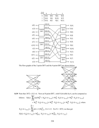 k2
k1
0 1 2 3
0 X[0] X[9] X[6] X[3]
1 X[4] X[1] X[10] X[7]
2 X[8] X[5] X[2] X[11]
X[3]
X[0]
X[6]
X[2]
X[8]
X [4]
X[5]
X[1]
X[7]
X[9]
x[0]
x[1]
x[2]
x[5]
x[7]
x[4]
x[9]
x[6]
x[8]
x[3]
3-point
DFT
3-point
DFT
3-point
DFT
3-point
DFT
4-point
DFT
4-point
DFT
4-point
DFT
x[10]
x[11]
G[0,0]
G[1, 0]
G[0,1]
G[1,1]
G[0,2]
G[1,2]
G[2,0]
G[3,0]
G[2,1]
G[3,1]
G[3,2]
G[2,2]
X[10]
X[11]
The flow-graphs of the 3-point DFT and the 4-point DFT are shown below:
W1
W 2
W 2
W 4
–1
–1
–1
j
j
j
–j
– j
– j
8.39 Note that 3072 = 512 × 6. Now an N-point DFT , with N divisible by 6, can be computed as
follows: X[k]= x[n]WN
nk
n =0
N−1
∑ = X0[< k >N /6 ]+ WN
k
⋅ X1[< k >N / 6]+ WN
2k
⋅X2[< k >N / 6]
+ WN
3k
⋅X3[< k >N / 6 ]+ WN
4k
⋅X4[< k >N / 6]+ WN
5k
⋅ X5[< k >N / 6], where
Xl [< k >N /6 ] = x[6r + l ]WN / 6
rk
r=0
N
6
−1
∑ , 0 ≤ l ≤ 5. For N = 3072, we thus get
X[k]= X0[< k >512]+ W3072
k
⋅X1[< k >512 ]+ W3072
2k
⋅X2[< k >512 ]
338
 