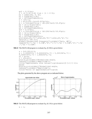 wc2 = 0.31*pi;
f = [0 0.36 0.46 1];m = [1 1 0 0];
b1 = remez(50, f, m);
h1 = freqz(b1,1,w);
m1 = 20*log10(abs(h1));
n = -25:-1;
c = b1(1:25)./sin(0.41*pi*n);
d = c.*sin(wc2*n);q = (b1(26)*wc2)/(0.4*pi);
b2 = [d q fliplr(d)];
h2 = freqz(b2,1,w);
m2 = 20*log10(abs(h2));
wc3 = 0.51*pi;
d = c.*sin(wc3*n);q = (b1(26)*wc3)/(0.4*pi);
b3 = [d q fliplr(d)];
h3 = freqz(b3,1,w);
m3 = 20*log10(abs(h3));
plot(w/pi,m1,'r-',w/pi,m2,'b--',w/pi,m3,'g-.');
axis([0 1 -80 5]);
xlabel('Normalized frequency');ylabel('Gain, dB');
legend('b--','wc = 0.31π','w','','r-','wc = 0.41π','w','','g-
.','wc = 0.51π')
M8.12 The MATLAB program to evaluate Eq. (8.104) is given below:
x = 0:0.001:0.5;
y = 3.140625*x + 0.0202636*x.^2 - 5.325196*x.^3 +
0.5446778*x.^4 + 1.800293*x.^5;
x1 = pi*x;
z = sin(x1);
plot(x,y);xlabel('Normalized angle,
radians');ylabel('Amplitude');
title('Approximate sine values');grid;axis([0 0.5 0 1]);
pause
plot(x,y-z);xlabel('Normalized angle,
radians');ylabel('Amplitude');
title('Error of approximation');grid;
The plots generated by the above program are as indicated below:
M8.13 The MATLAB program to evaluate Eq. (8.110) is given below:
k = 1;
357
 