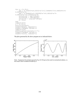 for x = 0:.01:1
op1 = 0.318253*x+0.00331*x^2-0.130908*x^3+0.068524*x^4-
0.009159*x^5;
op2 = 0.999866*x-0.3302995*x^3+0.180141*x^5-
0.085133*x^7+0.0208351*x^9;
arctan1(k) = op1*180/pi;
arctan2(k) = 180*op2/pi;
actual(k) = atan(x)*180/pi;
k = k+1;
end
subplot(211)
x = 0:.01:1;
plot(x,arctan2);
ylabel('Angle, degrees');
xlabel('Tangent Values');
subplot(212)
plot(x,actual-arctan2,'--');
ylabel('Tangent Values');
xlabel('error, radians');
The plots generated by the above program are as indicated below:
Note: Expansion for arctan(x) given by Eq. (8.110) gives the result in normalized radians, i.e.
the actual value in radians divided by π.
358
 