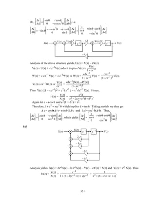 Or,
∆c
∆d



 =
sinθ r cosθ
0 −cosec2
θ




∆r
∆θ



 , i.e.
∆r
∆θ



 = −sin θ
− cosec2θ −r cosθ
0 sinθ






∆c
∆d



 =
1
sin θ
rsinθ⋅cosθ
0 − sin2
θ








∆c
∆d




z–1 z–1
c cd
– d
X(z) Y(z)
W(z)U(z) V(z)
Analysis of the above structure yields, U(z) = X(z) – dY(z)
V(z) = U(z) + c z−1
V(z) which implies V(z) =
U(z)
1− cz−1 .
W(z) = c dz−1
V(z) + c z−1
W(z) or W(z) =
cdz−1
1− cz−1 V(z) =
cdz−1
(1− cz−1)2 U(z) .
Y(z) = cz−1
W(z) or
Y(z)
cz−1 =
cdz−1 X(z) − dY(z)( )
(1− cz−1)2 .
Thus Y(z){(1 – c z−1
)2 + c2
dz−2
} = c2
dz−2
X(z). Hence,
H(z) =
Y(z)
X(z)
=
c2
d
z2 − 2cz + c2 (1+ d2 )
.
Again let c = rcosθ and c2(1 + d2) = r2.
Therefore, 1+ d2
= sec2
θ which implies d = tanθ. Taking partials we then get
∆ c = cosθ(∆ r)− rsinθ(∆θ), and ∆ d = sec2
θ(∆ θ). Thus,
∆c
∆d



 =
cosθ −rsinθ
0 sec2
θ




∆r
∆θ



 , which yields
∆r
∆θ



 =
1
cosθ
rsinθ⋅cosθ
0 cos2
θ








∆c
∆d



.
9.5
z–1 z–1
2
– b
–1
– c
X(z) Y(z)
S(z)
Analysis yields X(z) + 2z-1S(z) – b z-1S(z) – Y(z) – cY(z) = S(z) and Y(z) = z-2 S(z). Thus
H(z) =
Y(z)
X(z)
=
z−2
1+ (b− 2)z−1 + (1+ c)z−2 =
1
z2 + (b − 2)z + (1+ c)
.
361
 