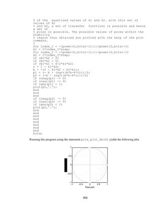 % of the quantized values of k1 and k2. with this set of
values of k1
% and k2, a set of transefer functions is possible and hence
a set of
% poles is possible. The possible values of poles within the
stability
% region thus obtained are plotted with the help of the plot
command.
%
for index_1 = -(power(2,bits)-1):1:(power(2,bits)-1)
k1 = 2*index_1*step;
for index_2 = -(power(2,bits)-1):1:(power(2,bits)-1)
k2 = 2*index_2*step;
if (k1*k2 < 2)
if (k1*k2 > 0)
if (k1*k1 < 4-2*k1*k2)
c = 1 - k1*k2;
b = -(2 - k1*k2 - k1*k1);
p1 = (- b + (sqrt(b*b-4*c)))/2;
p2 = (-b - (sqrt(b*b-4*c)))/2;
if (imag(p1) ~= 0)
if (real(p1) ~= 0)
if (abs(p1) < 1)
plot(p1,'.');
end
end
end
if (imag(p2) ~= 0)
if (real(p2) ~= 0)
if (abs(p2) < 1)
plot(p2,'.');
end
end
end
end
end
end
end
end
hold;
Running this program using the statement pole_plot_kb(6) yields the following plot.
-1 -0.5 0 0.5 1
-1
-0.5
0
0.5
1
Real part
406
 