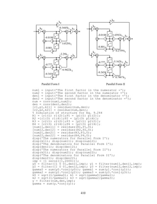 z
−1
z−1
z−1
z−1
k4
k0 k5
k2 k6
–0.3445k1
–2.29k3
–6.9422k3
–0.0188
–0.801
–0.777
–0.3434
1.6528 k1
z−1
z−1
z−1
z−1
k4
k0
k5
k2
k6
1.6592 k1
0.2759 k1
–5.162k3
0.7867 k3
–0.0188
–0.801
–0.777
–0.3434
Parallel Form I Parallel Form II
num1 = input('The first factor in the numerator =');
num2 = input('The second factor in the numerator =');
den1 = input('The first factor in the denominator =');
den2 = input('The second factor in the denominator =');
num = conv(num1,num2);
den = conv(den1,den2);
[r1,p1,k11] = residuez(num,den);
[r2,p2,k21] = residue(num,den);
% Simulation of structure for Eq. 9.244
R1 = [r1(1) r1(2)];P1 = [p1(1) p1(2)];
R2 =[r1(3) r1(4)];P2 = [p1(3) p1(4)];
R3 = [r2(1) r2(2)];P3 = [p2(1) p2(2)];
R4 = [r2(3) r2(4)];P4 = [p2(3) p2(4)];
[num11,den11] = residuez(R1,P1,0);
[num12,den12] = residuez(R2,P2,0);
[num21,den21] = residue(R3,P3,0);
[num22,den22] = residue(R4,P4,0);
disp('The numerators for Parallel Form I');
disp(k11); disp(num11); disp(num12);
disp('The denominators for Parallel Form I');
disp(den11); disp(den12);
disp('The numerators for Parallel Form II');
disp(k21); disp(num21); disp(num22);
disp('The denominators for Parallel Form II');
disp(den21); disp(den22);
imp = [1 zeros([1,2000])];
y0 = filter([1 0 0],den11,imp); y1 = filter(num11,den11,imp);
y2 = filter([1 0 0],den12,imp); y3 = filter(num12,den12,imp);
gamma0 = sum(y0.*conj(y0)); gamma1 = sum(y1.*conj(y1));
gamma2 = sum(y2.*conj(y2)); gamma3 = sum(y3.*conj(y3));
k0 = sqrt(1/gamma0); k1 = sqrt(gamma0/gamma1);
k2 = sqrt(1/gamma2); k3 = sqrt(gamma2/gamma3);
y = filter(num,den,imp);
gamma = sum(y.*conj(y));
410
 