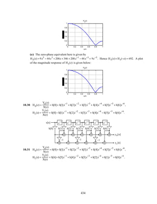 0 0.2 0.4 0.6 0.8 1
0
0.2
0.4
0.6
0.8
1
ω/π
H
4
(z)
(e) The zero-phase equivalent here is given by
H5(z) = 9z5
− 44z3
+ 208z + 346 + 208z−1
− 44 z−3
+ 9z−5
. Hence H5(z)+ H5(−z) = 692. A plot
of the magnitude response of H5(z) is given below:
0 0.2 0.4 0.6 0.8 1
0
0.2
0.4
0.6
0.8
1
ω/π
H5
(z)
10.30 H0(z) =
Y0(z)
X(z)
= h[0]+ h[1]z
−1
+ h[2]z
−2
+ h[3]z
−3
+ h[4]z
−4
+ h[5]z
−5
+ h[6]z
−6
,
H1(z) =
Y1(z)
X(z)
= h[0]− h[1]z
−1
+ h[2]z
−2
− h[3]z
−3
+ h[4]z
−4
− h[5]z
−5
+ h[6]z
−6
.
z
−1 z
−1
z
−1
z
−1
z
−1
z
−1
h[0] h[1] h[2] h[3] h[4] h[5] h[6]
–1 –1 –1
x[n]
y0[n]
y1[n]
10.31 H0(z) =
Y0(z)
X(z)
= h[0]+ h[1]z
−1
+ h[2]z
−2
+ h[3]z
−3
+ h[4]z
−4
+ h[5]z
−5
+ h[6]z
−6
,
H1(z) =
Y1(z)
X(z)
= h[6]+ h[5]z
−1
+ h[4]z
−2
+ h[3]z
−3
+ h[2]z
−4
+ h[1]z
−5
+ h[0]z
−6
.
434
 