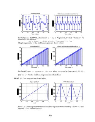 0 10 20 30 40 50
-2
-1
0
1
2
Time index n
Input sequence
0 10 20 30 40 50
-2
-1
0
1
2
Time index n
Output sequence downsampled by 4
For Part (ii) use the MATLAB statement x = m; in Program 10_1 with L = 4 and N = 50,
and remove the statement
wo = input('Input signal frequency = ');
The plots generated by the modified program are shown below:
0 10 20 30 40 50
0
10
20
30
40
50
Time index n
Input sequence
0 10 20 30 40 50
0
50
100
150
200
Time index n
Output sequence downsampled by 4
For Part (iii) use x = square(N, duty); where duty can be chosen as 10, 20, 30, ...
(b) Use L = 5 in the modified program as described above.
M10.3 (a) Plots generated are shown below:
0 0.2 0.4 0.6 0.8 1
0
0.2
0.4
0.6
0.8
1
ω/π
Input spectrum
0 0.2 0.4 0.6 0.8 1
0
0.2
0.4
0.6
0.8
1
ω/π
Output spectrum
Since L = 5, the output spectrum consists of the input spectrum shrunk by a factor of 5 and
there are L–1 = 4 aliased spectra.
455
 