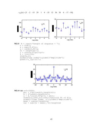 rxw[n] = [3 –2 –15 29 1 6 –35 12 36 38 6 –17 –10].
-6 -4 -2 0 2 4 6
-50
0
50
100
Lag index
rxy
[n]
-6 -4 -2 0 2 4 6
-50
0
50
Lag index
r
xw
[n]
M2.13 N = input('Length of sequence = ');
n = 0:N-1;
x = exp(-0.8*n);
y = randn(1,N)+x;
n1 = length(x)-1;
r = conv(y,fliplr(y));
k = (-n1):n1;
stem(k,r);
xlabel('Lag index');ylabel('Amplitude');
gtext('r_{yy}[n]');
-30 -20 -10 0 10 20 30
-10
0
10
20
30
Lag index
r
yy
[n]
M2.14 (a) n=0:10000;
phi = 2*pi*rand(1,length(n));
A = 4*rand(1,length(n));
x = A.*cos(0.06*pi*n + phi);
stem(n(1:100),x(1:100));%axis([0 50 -4 4]);
xlabel('Time index n');ylabel('Amplitude');
mean = sum(x)/length(x)
var = sum((x - mean).^2)/length(x)
43
 
