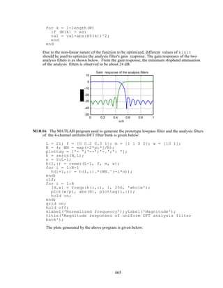 for k = 1:length(W)
if (W(k) > ws)
val = val+abs(H0(k))^2;
end
end
Due to the non-linear nature of the function to be optimized, different values of kinit
should be used to optimize the analysis filter's gain response. The gain responses of the two
analysis filters is as shown below. From the gain response, the minimum stopband attenuation
of the analysis filters is observed to be about 24 dB.
0 0.2 0.4 0.6 0.8 1
-50
-40
-30
-20
-10
0
10
Gain response of the analysis filters
ω/π
M10.16 The MATLAB program used to generate the prototype lowpass filter and the analysis filters
of the 4-channel uniform DFT filter bank is given below:
L = 21; f = [0 0.2 0.3 1]; m = [1 1 0 0]; w = [10 1];
N = 4; WN = exp(-2*pi*j/N);
plottag = ['- ';'--';'-.';': '];
h = zeros(N,L);
n = 0:L-1;
h(1,:) = remez(L-1, f, m, w);
for i = 1:N-1
h(i+1,:) = h(1,:).*(WN.^(-i*n));
end;
clf;
for i = 1:N
[H,w] = freqz(h(i,:), 1, 256, 'whole');
plot(w/pi, abs(H), plottag(i,:));
hold on;
end;
grid on;
hold off;
xlabel('Normalized frequency');ylabel('Magnitude');
title('Magnitude responses of uniform DFT analysis filter
bank');
The plots generated by the above program is given below:
465
 