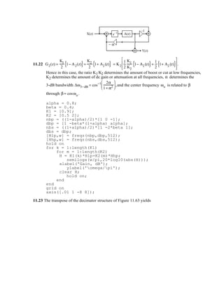 X(z)
Y(z)
z–1
–1
− α
A(z)
11.22 G2(z) =
K1
2
1− A2(z){ }+
K2
2
1+ A2 (z){ } = K2
1
2
K1
K2
1− A2 (z){ }+
1
2
1+ A2 (z){ }








.
Hence in this case, the ratio K1/K2 determines the amount of boost or cut at low frequencies,
K2 determines the amount of dc gain or attenuation at all frequencies, α determines the
3-dB bandwidth ∆ω3−dB = cos−1 2α
1+ α2





 ,and the center frequency ωo is related to β
through β = cosωo .
alpha = 0.8;
beta = 0.4;
K1 = [0.9];
K2 = [0.5 2];
nbp = ((1-alpha)/2)*[1 0 -1];
dbp = [1 -beta*(1+alpha) alpha];
nbs = ((1+alpha)/2)*[1 -2*beta 1];
dbs = dbp;
[Hlp,w] = freqz(nbp,dbp,512);
[Hhp,w] = freqz(nbs,dbs,512);
hold on
for k = 1:length(K1)
for m = 1:length(K2)
H = K1(k)*Hlp+K2(m)*Hhp;
semilogx(w/pi,20*log10(abs(H)));
xlabel('Gain, dB');
ylabel('omega/pi');
clear H;
hold on;
end
end
grid on
axis([.01 1 -8 8]);
11.23 The transpose of the decimator structure of Figure 11.63 yields
 