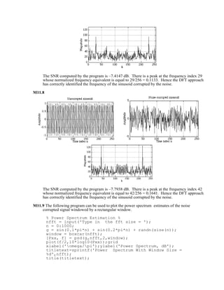 The SNR computed by the program is –7.4147 dB. There is a peak at the frequency index 29
whose normalized frequency equivalent is equal to 29/256 = 0.1133. Hence the DFT approach
has correctly identified the frequency of the sinusoid corrupted by the noise.
M11.8
The SNR computed by the program is –7.7938 dB. There is a peak at the frequency index 42
whose normalized frequency equivalent is equal to 42/256 = 0.1641. Hence the DFT approach
has correctly identified the frequency of the sinusoid corrupted by the noise.
M11.9 The following program can be used to plot the power spectrum estimates of the noise
corrupted signal windowed by a rectangular window.
% Power Spectrum Estimation %
nfft = input('Type in the fft size = ');
n = 0:1000;
g = sin(0.1*pi*n) + sin(0.2*pi*n) + randn(size(n));
window = boxcar(nfft);
[Pxx, f] = psd(g,nfft,2,window);
plot(f/2,10*log10(Pxx));grid
xlabel('omega/pi');ylabel('Power Spectrum, dB');
titletext=sprintf('Power Spectrum With Window Size =
%d',nfft);
title(titletext);
 