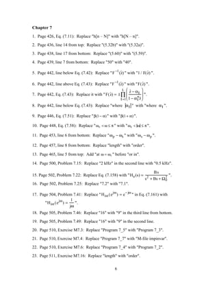 Chapter 7
1. Page 426, Eq. (7.11): Replace "h[n – N]" with "h[N – n]".
2. Page 436, line 14 from top: Replace "(5.32b)" with "(5.32a)".
3. Page 438, line 17 from bottom: Replace "(5.60)" with "(5.59)".
4. Page 439, line 7 from bottom: Replace "50" with "40".
5. Page 442, line below Eq. (7.42): Replace "F
−1
(ˆz) " with "1 / F(ˆz) ".
6. Page 442, line above Eq. (7.43): Replace "F
−1
(ˆz) " with "F(ˆz) ".
7. Page 442, Eq. (7.43): Replace it with "F(ˆz) = ±
ˆz − αl
1 − αl
*ˆz






l=1
L
∏ ".
8. Page 442, line below Eq. (7.43): Replace "where αl " with "where αl ".
9. Page 446, Eq. (7.51): Replace "β(1− α)" with "β(1+ α)".
10. Page 448, Eq. (7.58): Replace "ωc < ω ≤ π " with "ωc < ω ≤ π".
11. Page 453, line 6 from bottom: Replace "ωp − ωs " with "ωs − ωp ".
12. Page 457, line 8 from bottom: Replace "length" with "order".
13. Page 465, line 5 from top: Add "at ω = ωi " before "or in".
14. Page 500, Problem 7.15: Replace "2 kHz" in the second line with "0.5 kHz".
15. Page 502, Problem 7.22: Replace Eq. (7.158) with "Ha (s) =
Bs
s2
+ Bs + Ω0
2
".
16. Page 502, Problem 7.25: Replace "7.2" with "7.1".
17. Page 504, Problem 7.41: Replace "Hint(e
jω
) = e
− jω
" in Eq. (7.161) with
"Hint(e
jω
) =
1
jω
".
18. Page 505, Problem 7.46: Replace "16" with "9" in the third line from bottom.
19. Page 505, Problem 7.49: Replace "16" with "9" in the second line.
20. Page 510, Exercise M7.3: Replace "Program 7_5" with "Program 7_3".
21. Page 510, Exercise M7.4: Replace "Program 7_7" with "M-file impinvar".
22. Page 510, Exercise M7.6: Replace "Program 7_4" with "Program 7_2".
23. Page 511, Exercise M7.16: Replace "length" with "order".
6
 