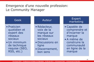 Community Management : le discours de la marque doit être animé, soutenu, diffuséMarqueInnovation& contenusInformation& InputMeilleuresMarquesClients & utilisateursAgenceInsights& idéesUne communauté active et engagée pour une marque représente un atout importantLe « travail » des membres (fans) en faveur de la marque peut être très bénéfique en matière d’image et même d’affairesLa marque a ainsi tout intérêt à construire et développer sa communautéPlus la marque nourrit cette communauté, plus elle favorise les échanges au sein de cette communauté, meilleur sera le retour qu’elle en tirera