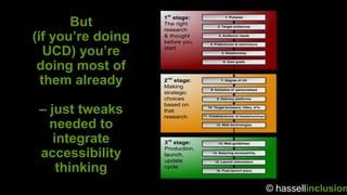 1st stage:                 1. Purpose

       But         The right
                   research
                                         2. Target audiences



(if you’re doing   & thought
                   before you
                                          3. Audience needs




   UCD) you’re
                                     4. Preferences & restrictions
                   start
                                            5. Relationship




 doing most of
                                             6. User goals




  them already     2nd stage:
                   Making
                                           7. Degree of UX


                                     8. Inclusive cf. personalised
                   strategic
                   choices               9. Delivery platforms



 – just tweaks
                   based on        10. Target browsers, OSes, ATs
                   that
                   research      11. Create/procure, in-house/contract


   needed to                            12. Web technologies




    integrate      3rd stage:             13. Web guidelines
                   Production,
 accessibility     launch,
                   update
                                      14. Assuring accessibility


                                        15. Launch information

     thinking      cycle
                                        16. Post-launch plans




                                                                         © hassellinclusion
 